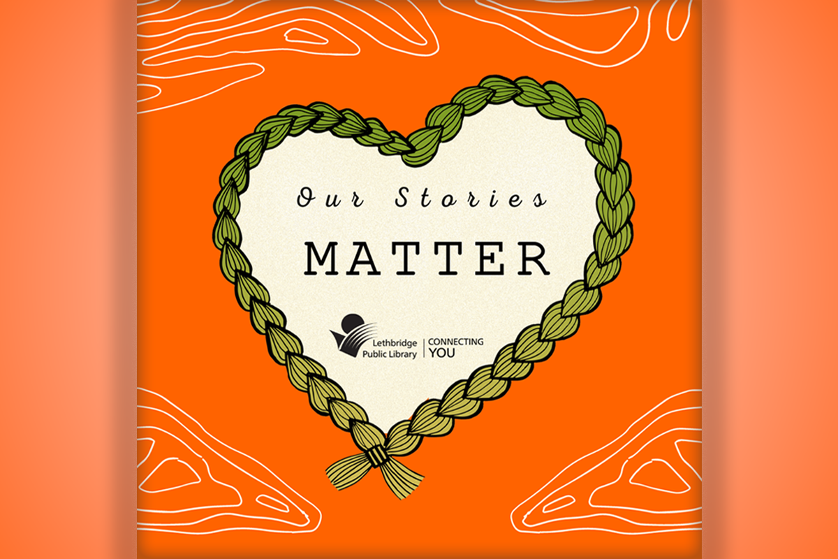 Our Stories Matter thumbnail image, orange background heart-shaped braid.